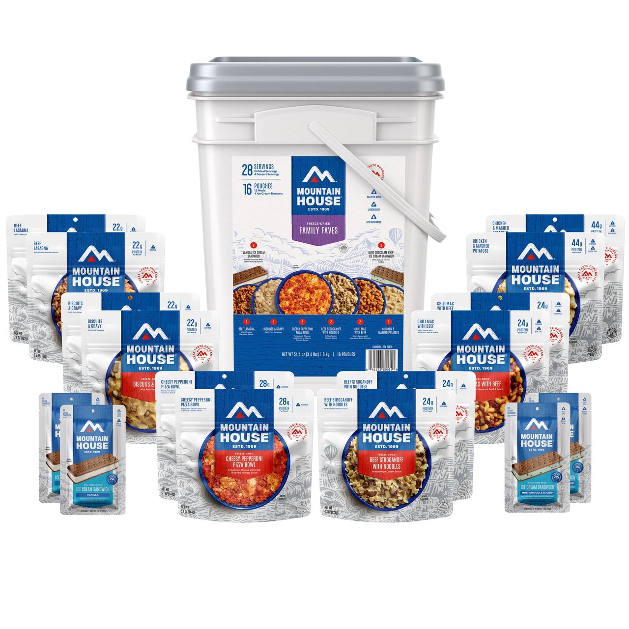 Mountain House Family Faves Emergency Food Bucket, 16 Pouches (28 Total Servings) - Image 1