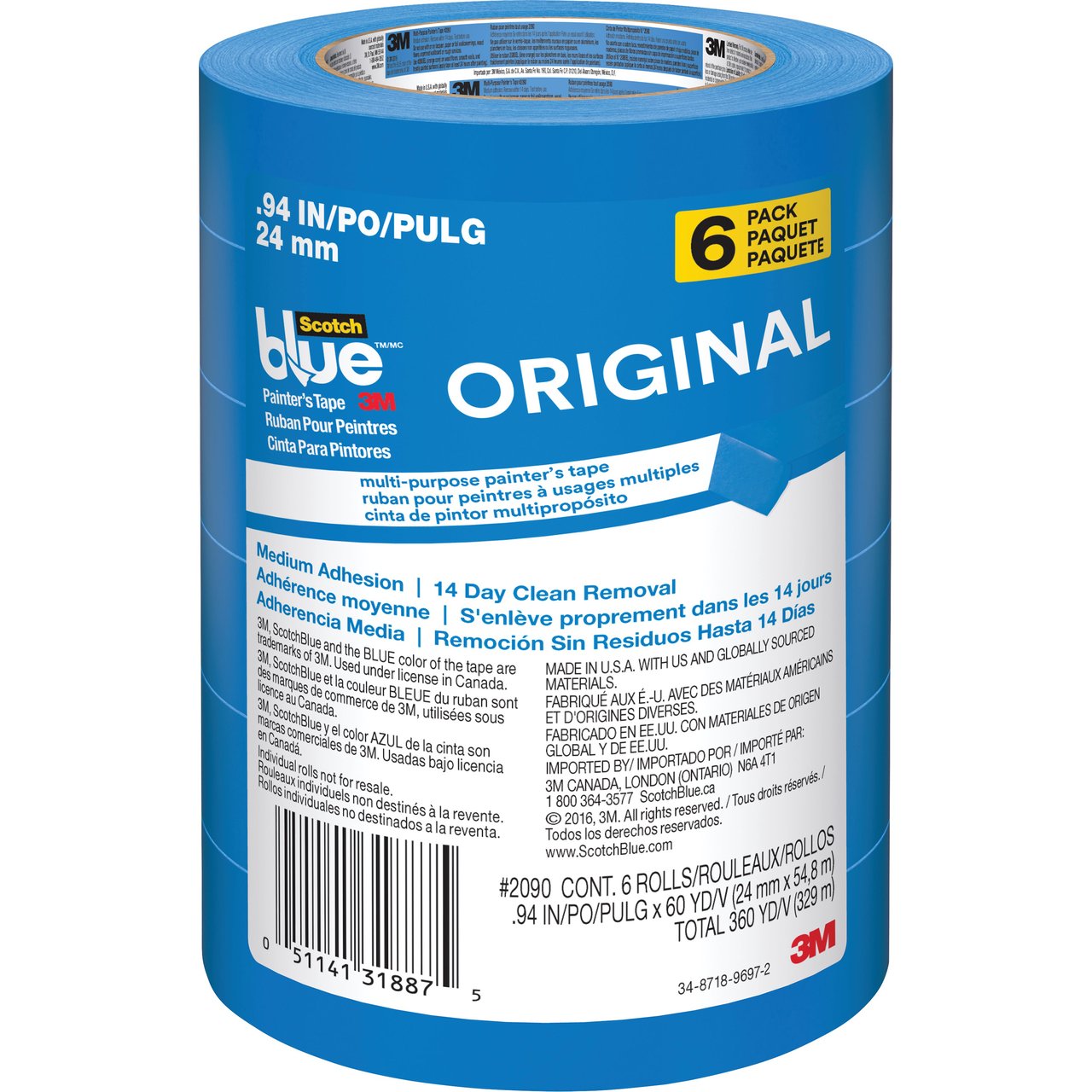 ScotchBlue Original Multi-Surface Painter's Tape, 3" Core, 6-Pack
