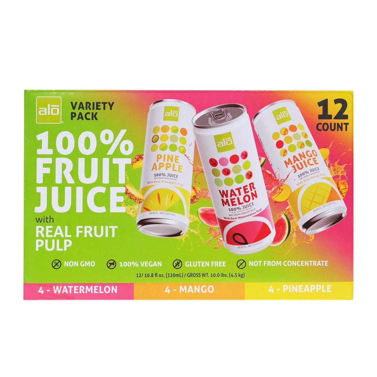 ALO 100% Fruit Juice Variety Pack with Real Fruit Pulp, 12-Count/10.8 fl oz - Image 1
