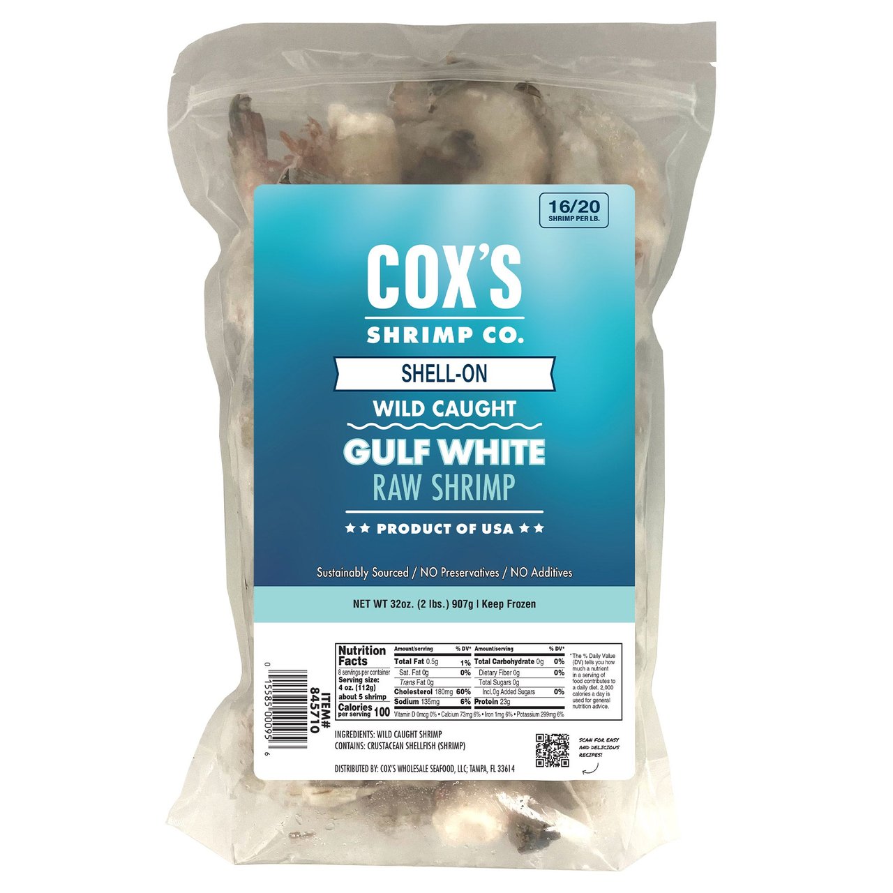 Cox's Seafood Raw Gulf White Shrimp 16/20 CT Per Lb, 2 Lbs - Image 1