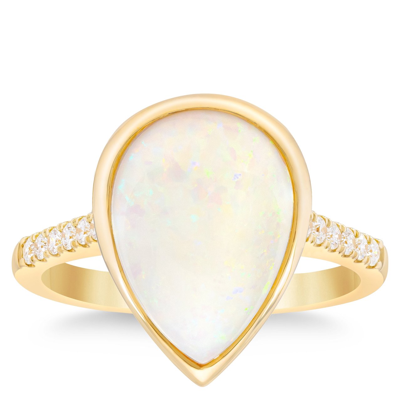 14kt Yellow Gold VS2 I .12 ctw Round Diamond & Opal Pear Ring, Size 6 - Image 1