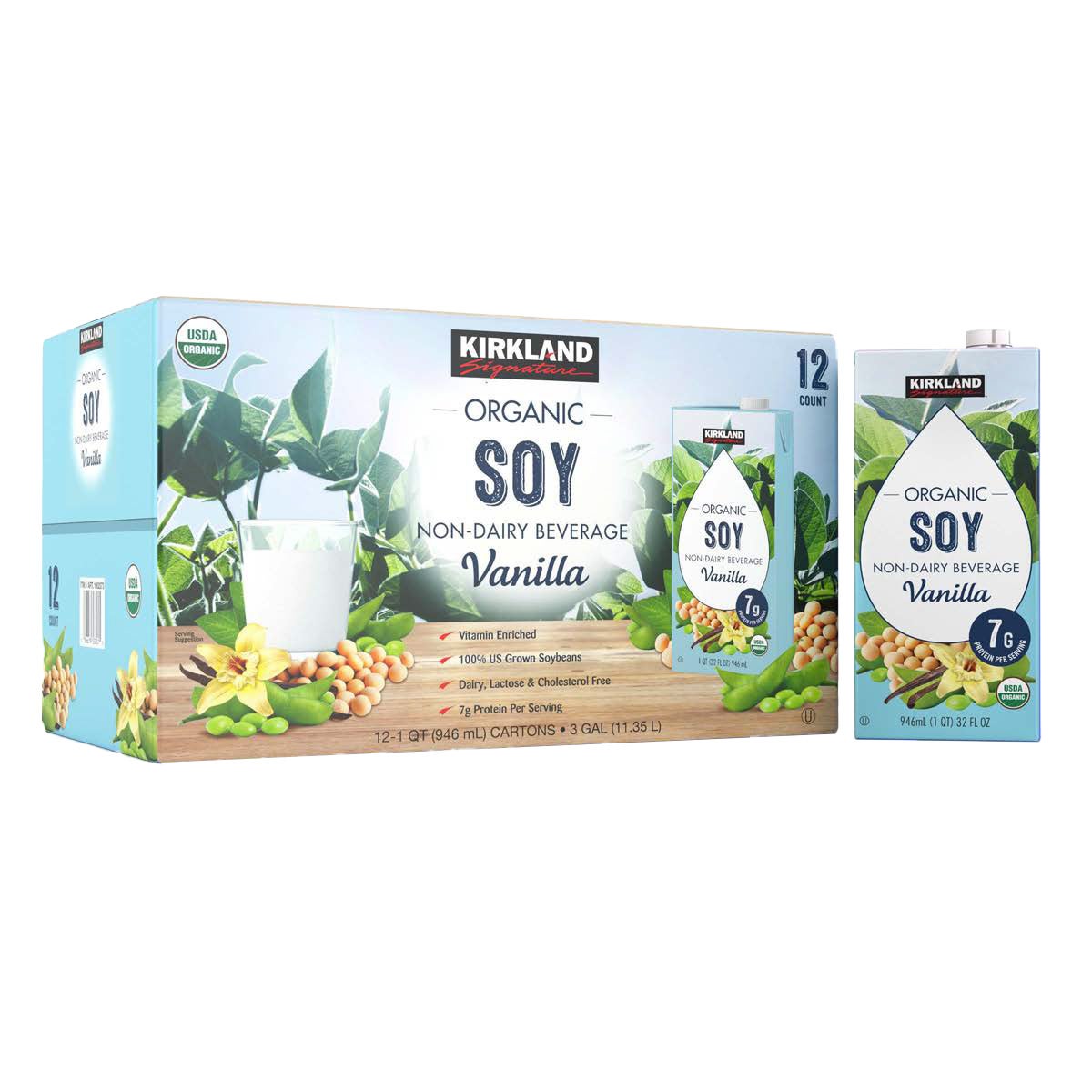 Kirkland Signature Organic Vanilla Soy Non-Dairy Beverage, 12 Pack of 32 FL OZ (12 Quarts) - Image 1