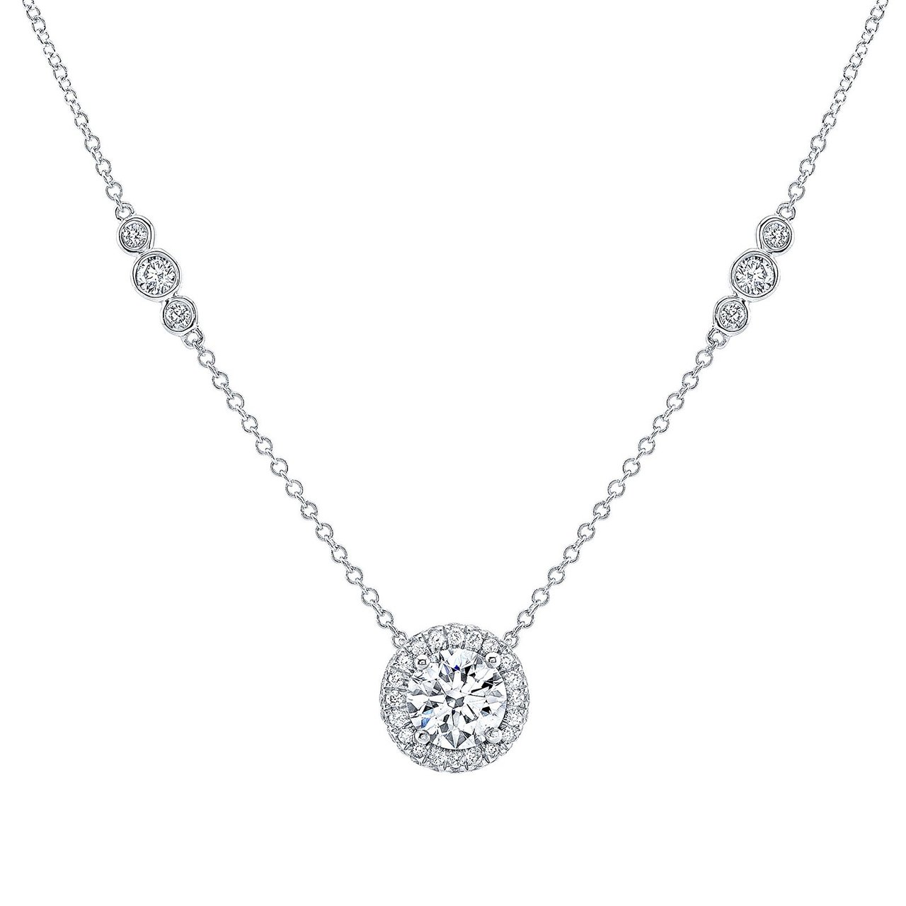 18kt White Gold VS2, I Color 1.81 ctw Round Diamond Halo Necklace - Image 1
