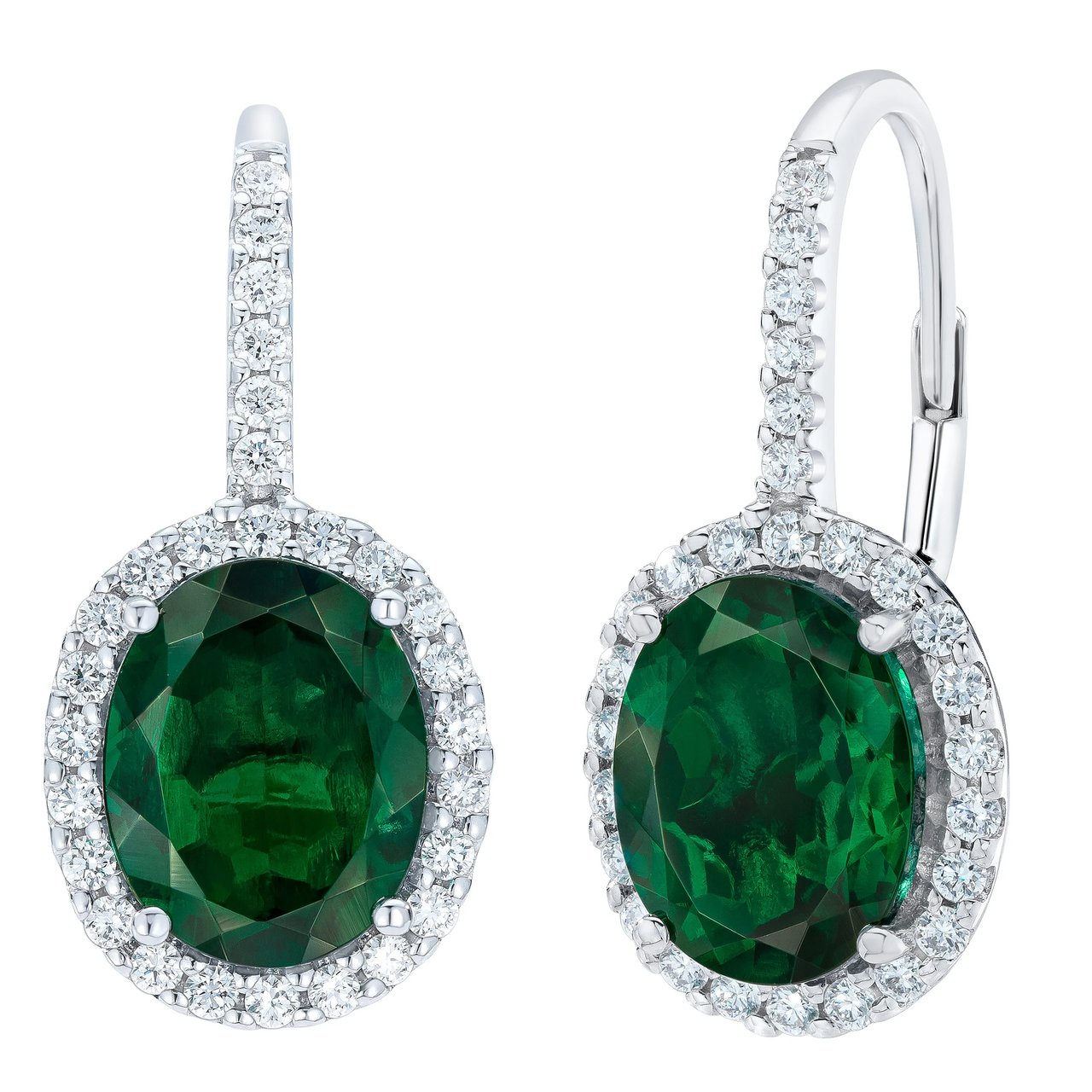 14kt White Gold VS2 I 0.50 ctw Diamond & Oval Lab Emerald Earrings - Image 1