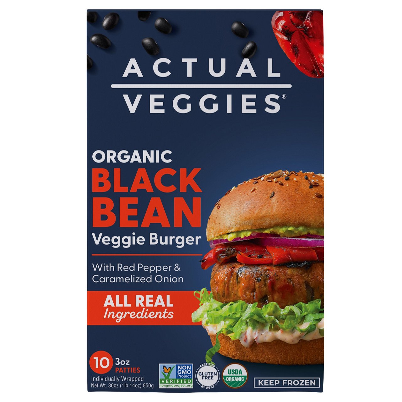 Organic Actual Veggies Black Bean Burger, 10 Count, 30 oz - Image 1