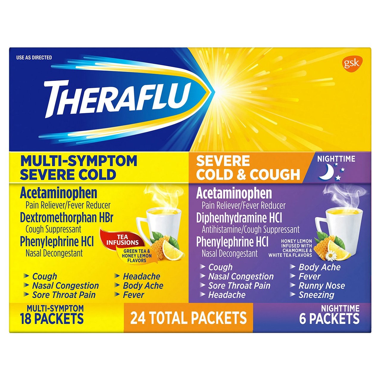Theraflu Multi-Symptom Severe Cold 18 Packets + Cold & Cough Night 6 Packets - Image 1