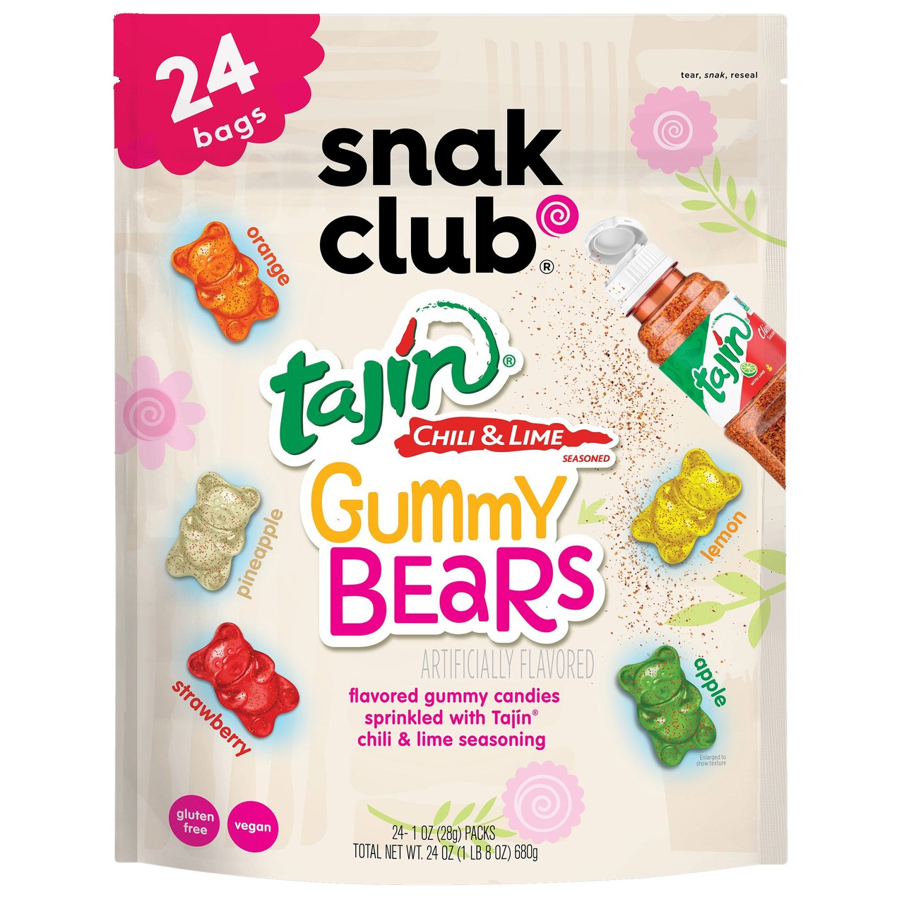 Snak Club Tajín Gummy Bears, Chili and Lime, 24 Count / 1 oz