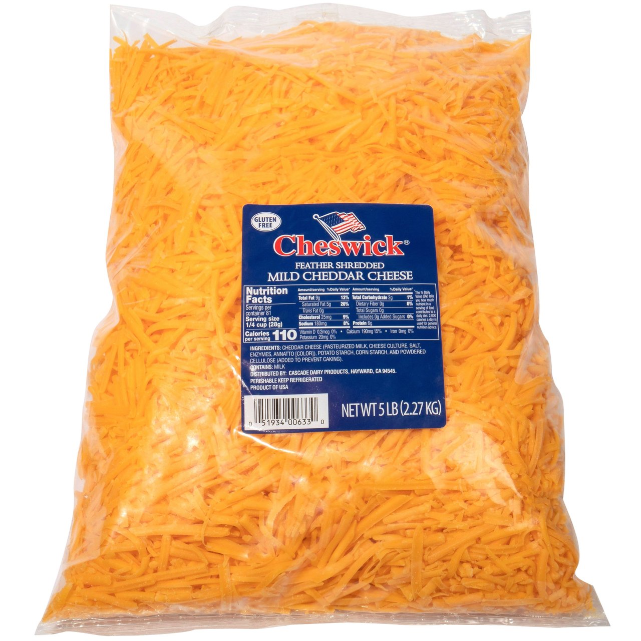 Cheswick Shredded Mild Cheddar Cheese, 5 lbs