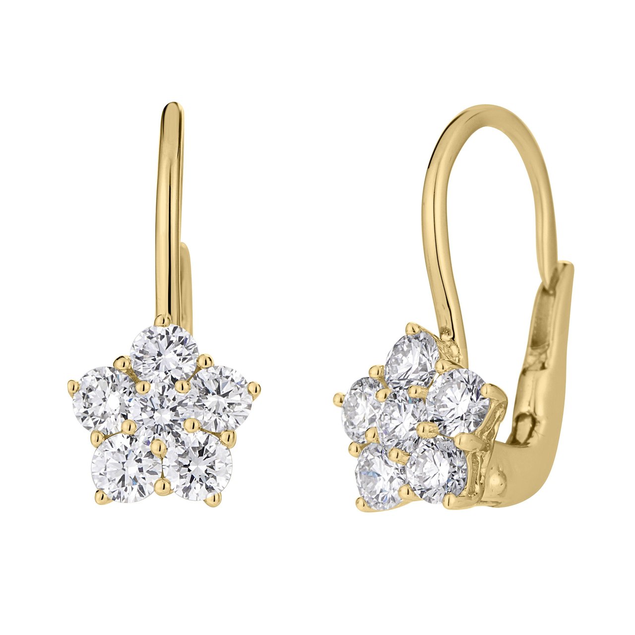 14KT Yellow Gold VS2 I 0.75 CTW Round Brilliant Diamond Flower Cluster Leverback Earrings - Image 1