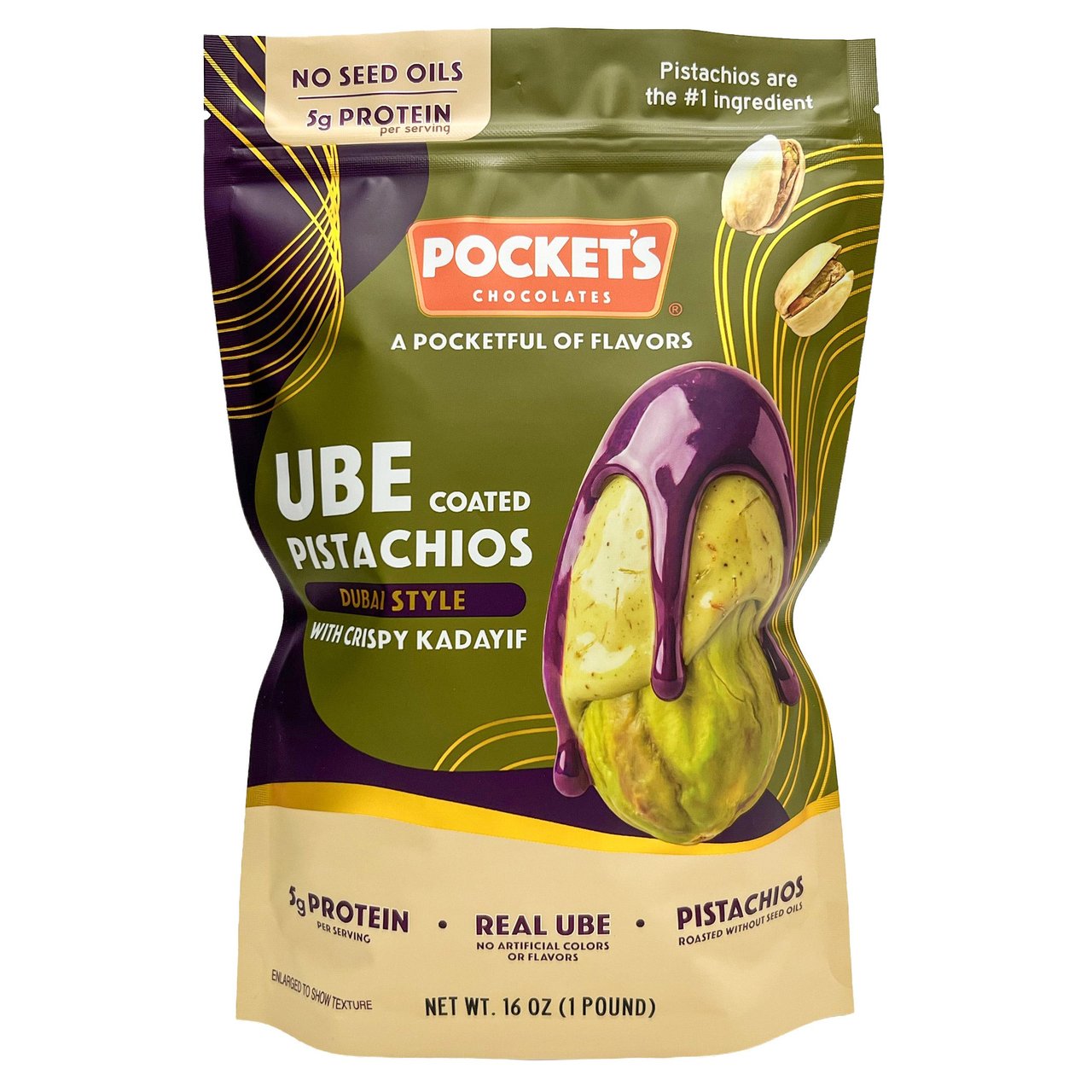 Pocket's Chocolates Crispy Pistachio Ube Dubai-Style Chocolate, 16 Ounces - Image 1