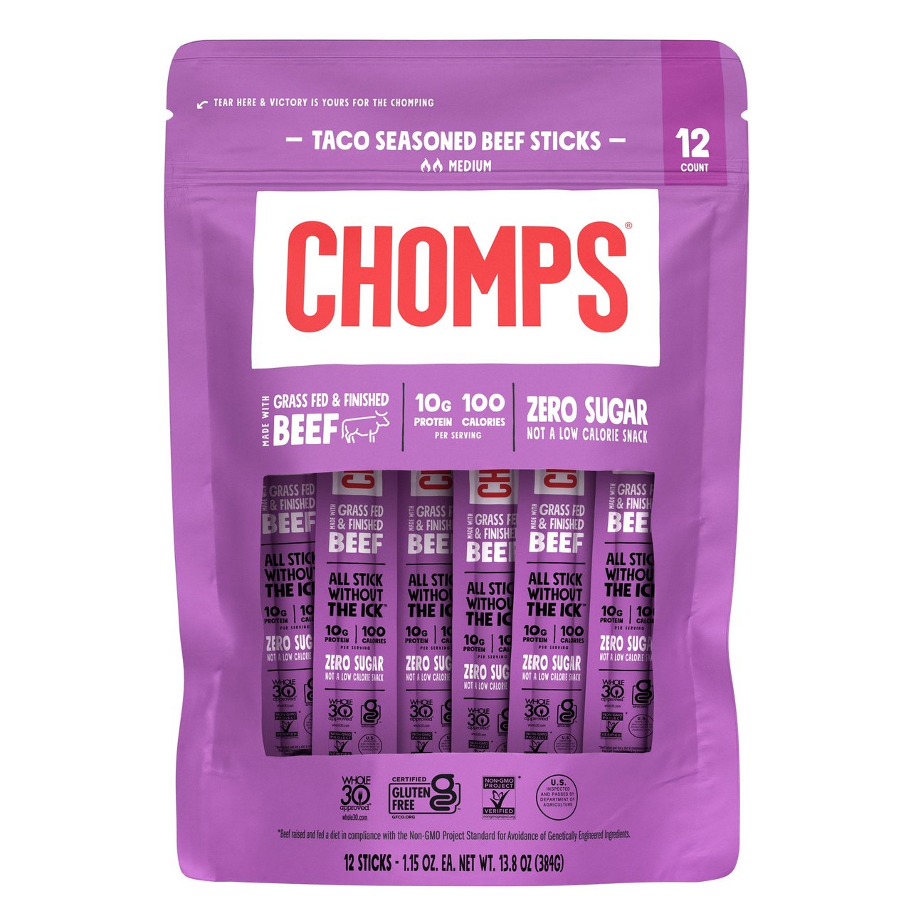 Chomps Taco Seasoned Grass-Fed Beef Sticks, 12-Pack, 1.15 oz Each - Image 1