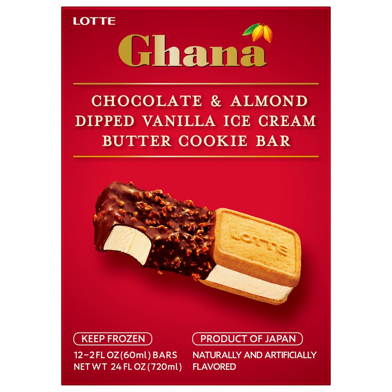 Lotte Ghana Chocolate & Almond Half Dipped Vanilla Ice Cream Butter Cookie Bar 12/2 Oz