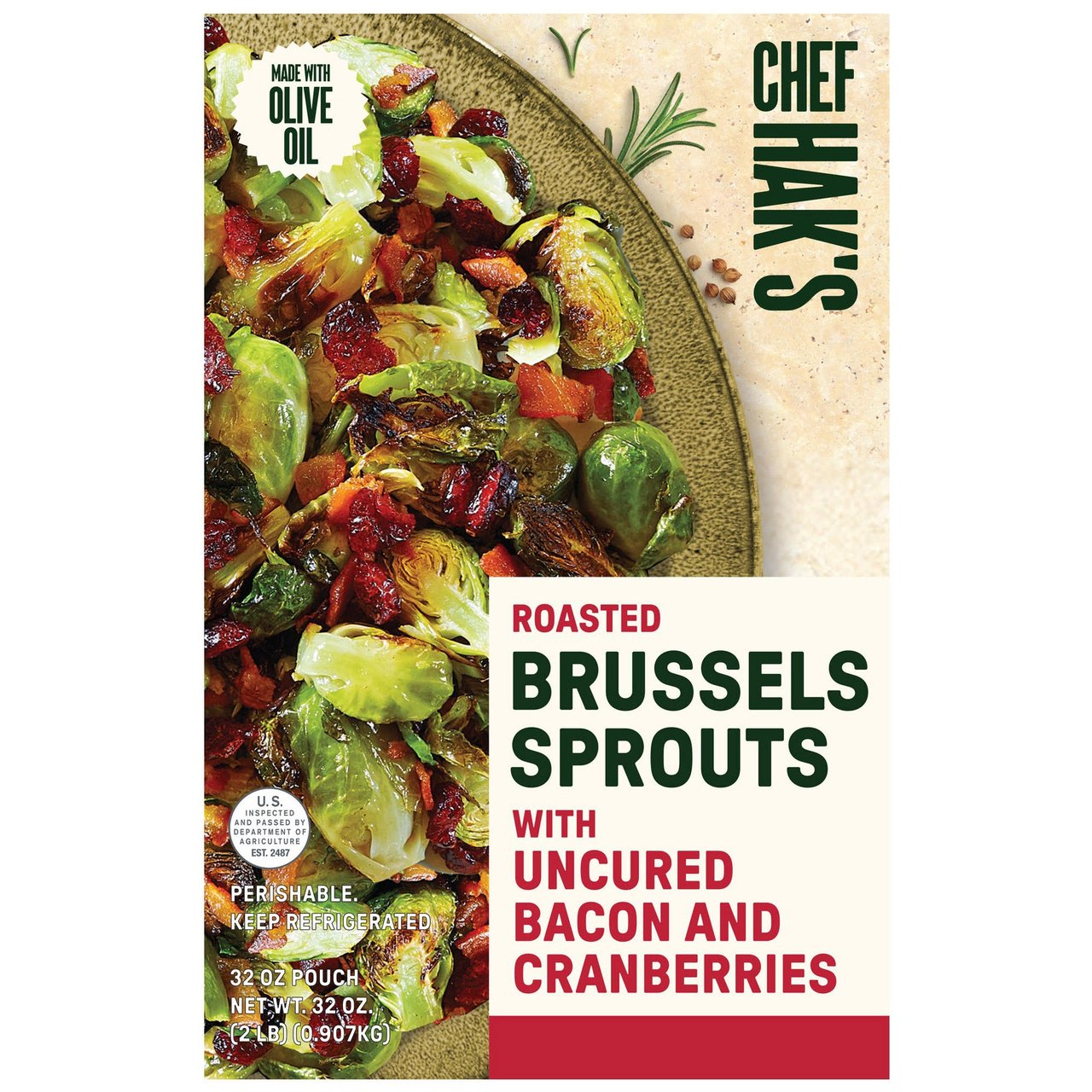 Chef Hak's Roasted Brussels Sprouts with Uncured Bacon and Cranberries 32 Ounces - Image 1