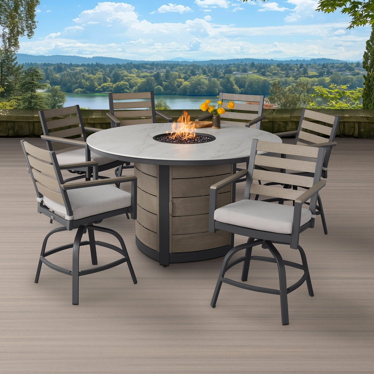 Agio Nicolet 7-Piece High Dining Set with Fire Table - Image 1