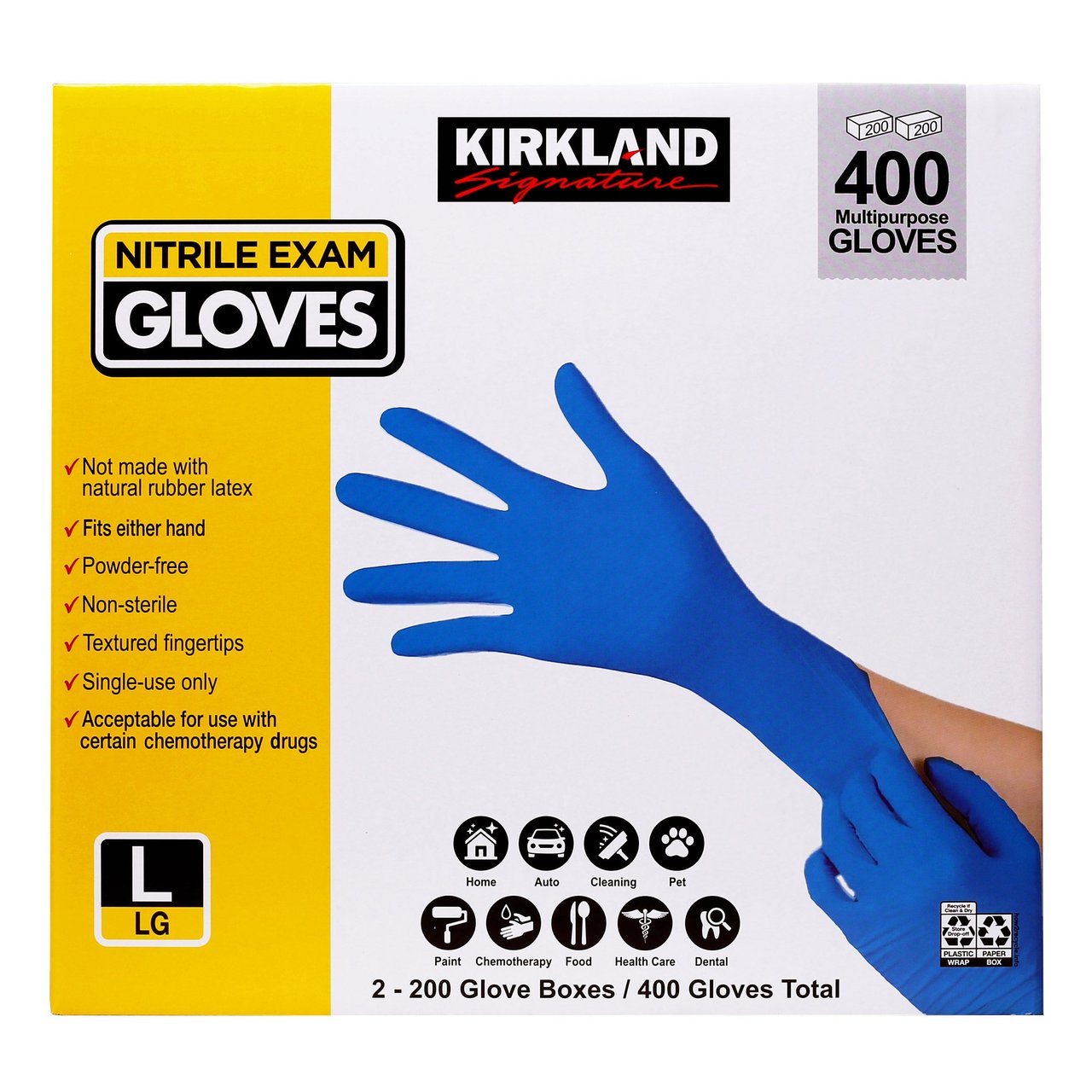 Kirkland Signature Nitrile Exam Gloves, Large, 2 Boxes of 200 Count (400 Total) - Image 1