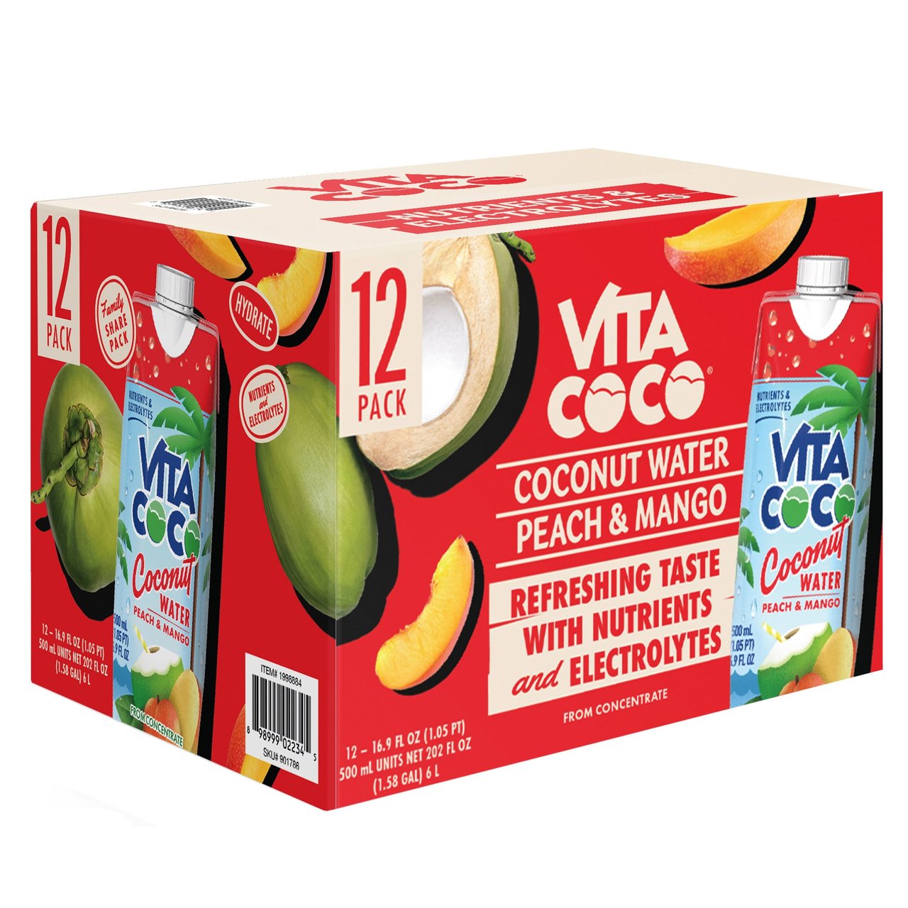 Vita Coco Coconut Water Peach & Mango, 12-Pack, 16.9 oz Each - Image 1