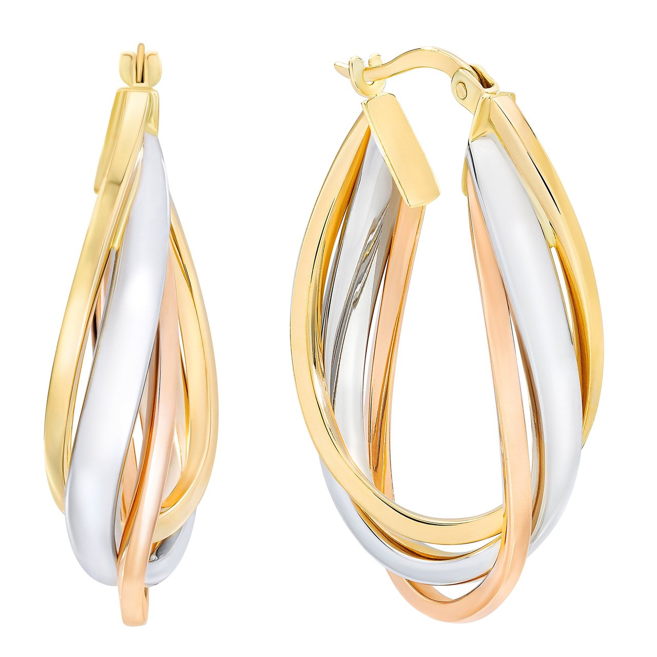 14kt Tri-Color Gold Overlapping Twisted Hoop Earrings - Image 1