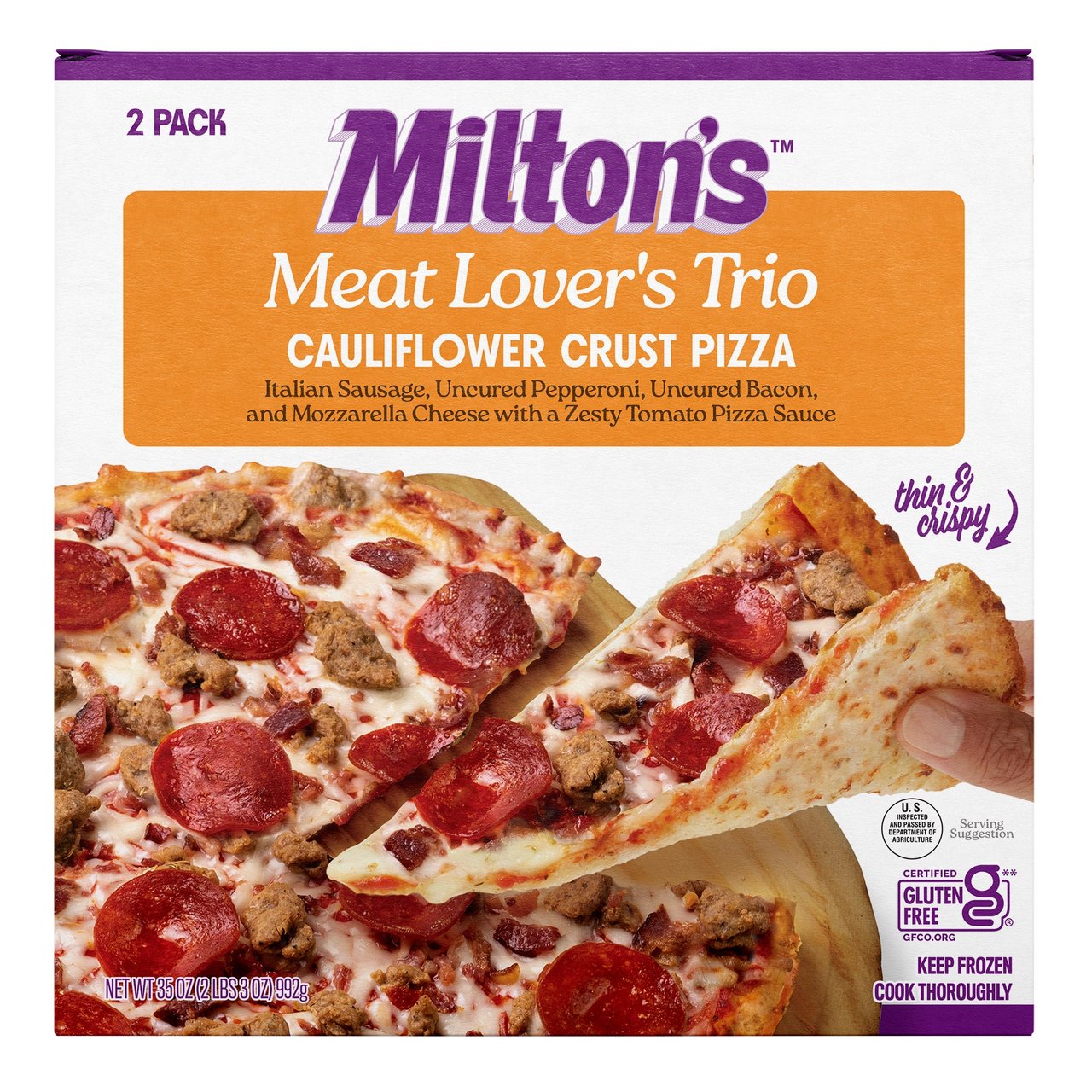 Milton's Meat Lover's Trio Cauliflower Crust Pizza, 2 Count Box - Image 1