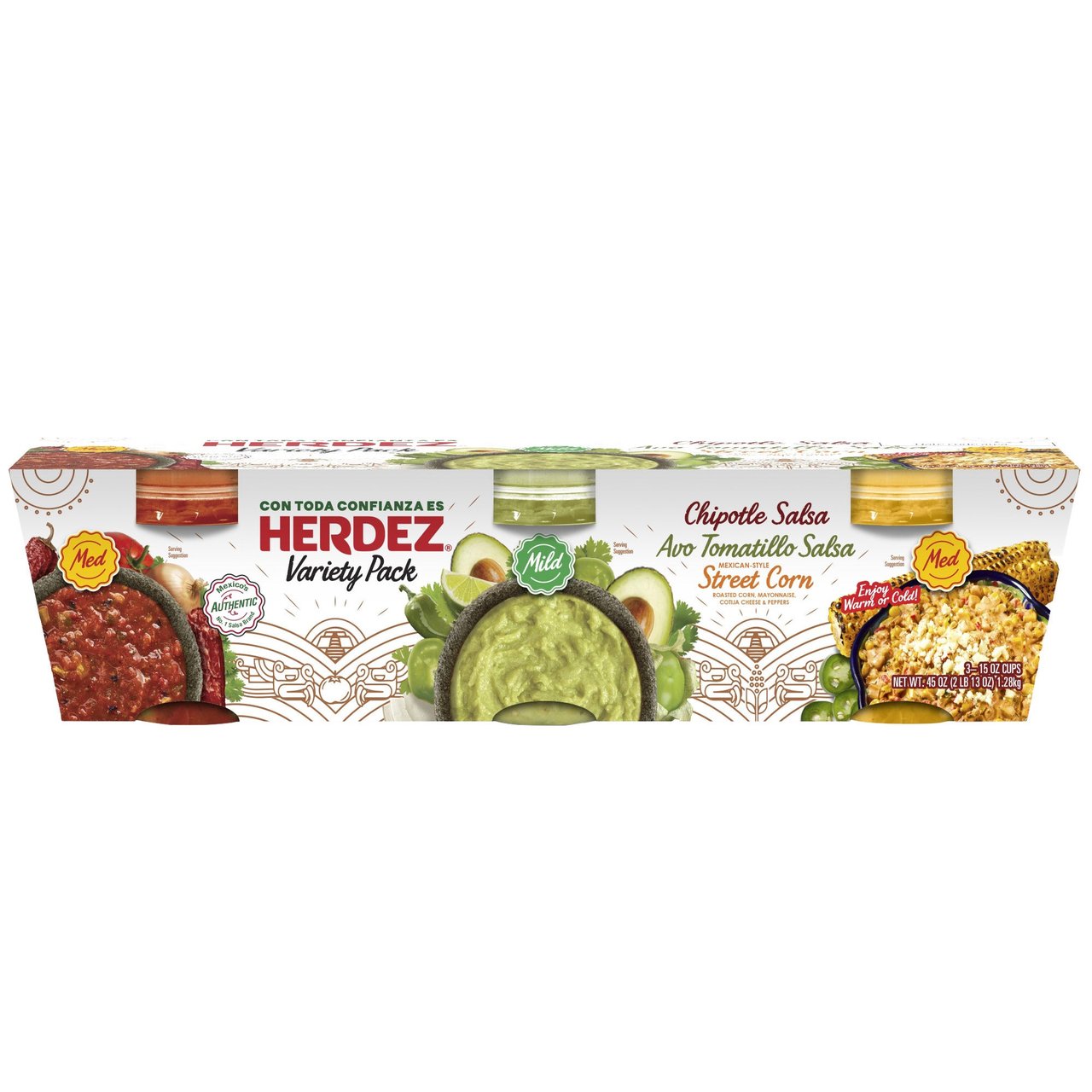 Herdez Chipotle Salsa, Avo Tomatillo Salsa & Mexican Street Corn Dip Variety Pack, 3 x 15 oz