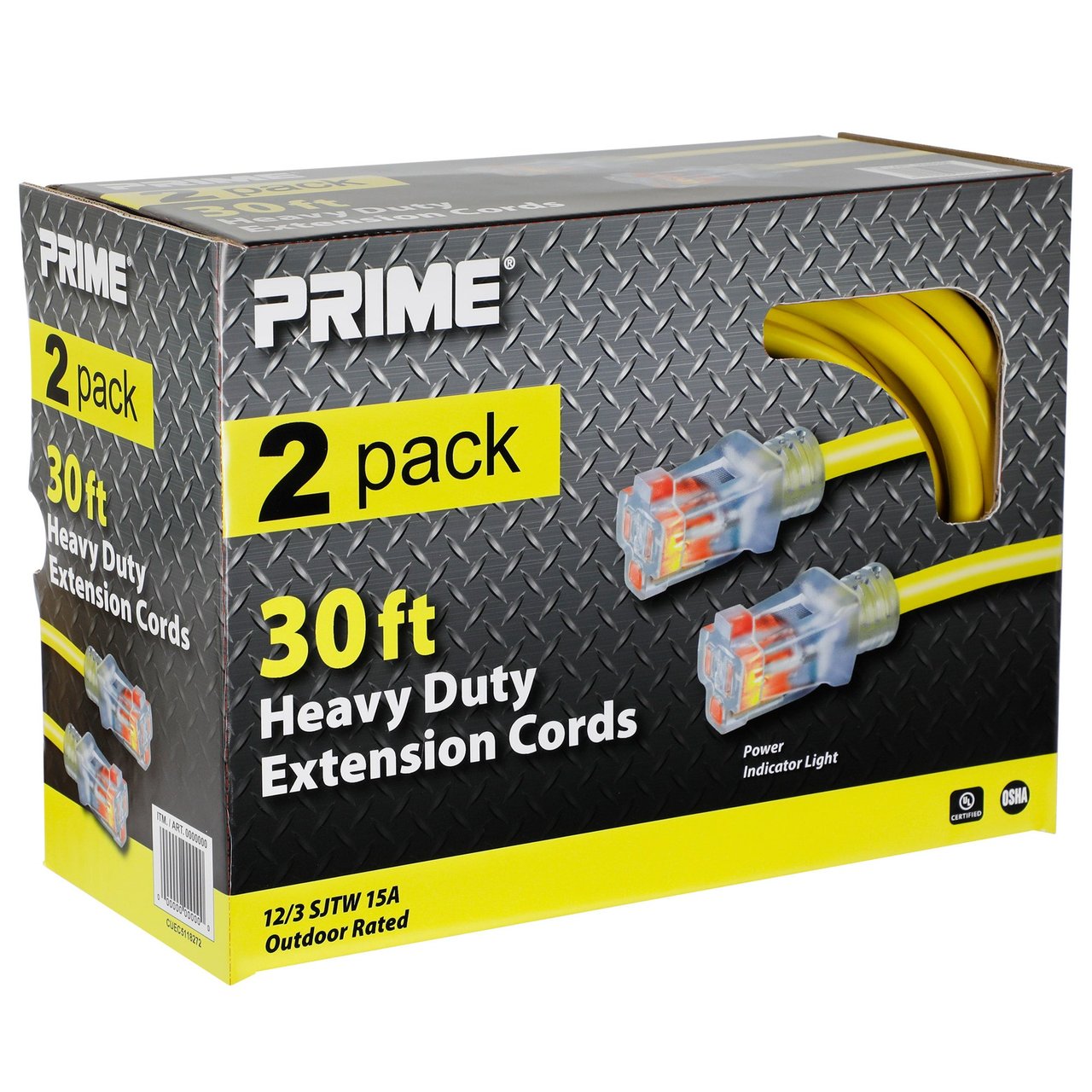 Prime Wire 30ft 12/3 Yellow Extension Cord 2-Pack with Light Indicator