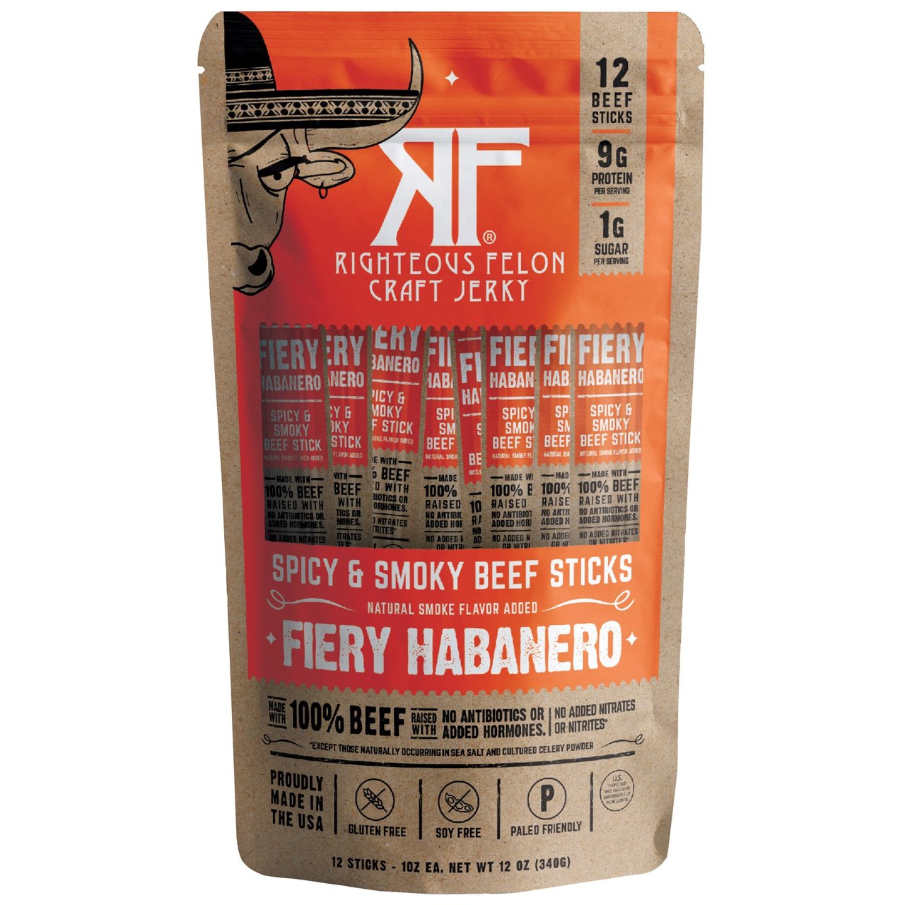Righteous Felon Fiery Habanero Beef Sticks, 12 Count, 1 oz Each