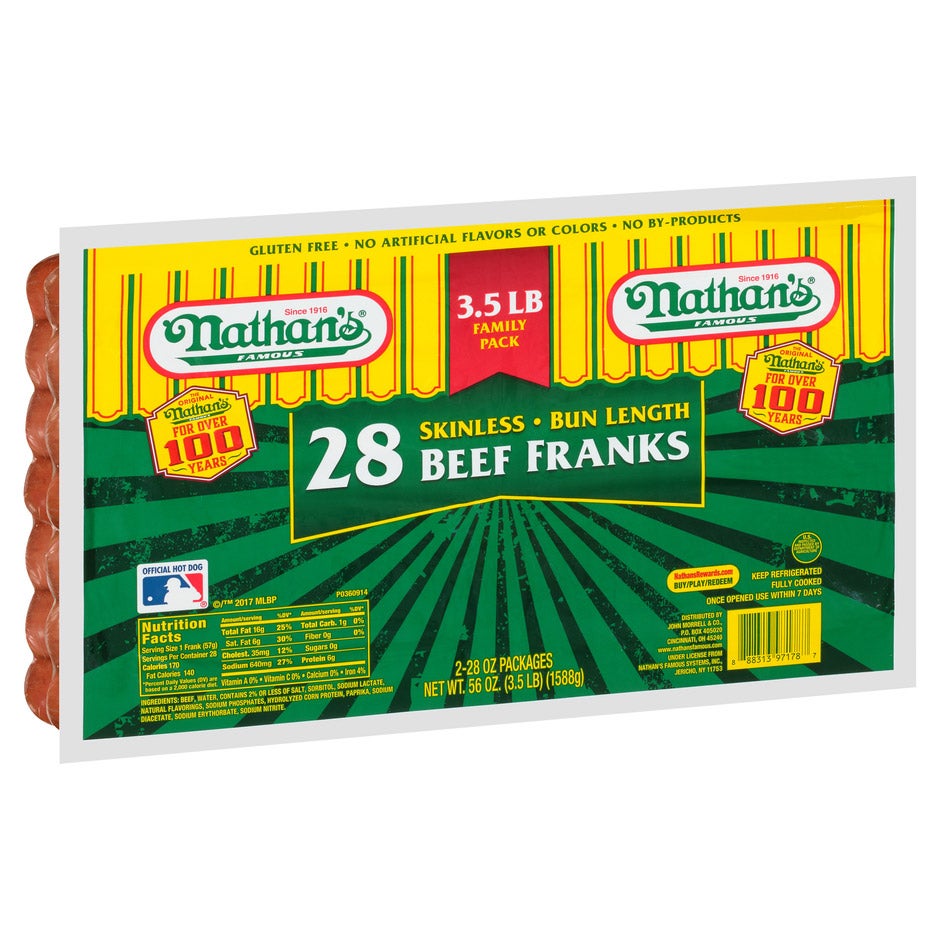 Nathan's Famous Skinless Bun Length Beef Franks 3.5 LB