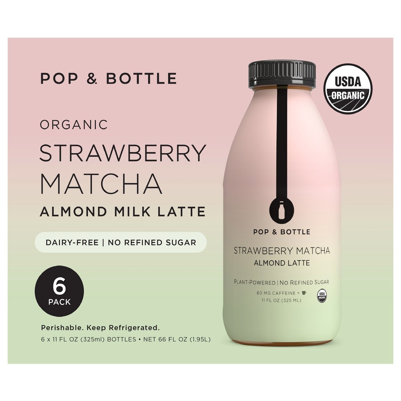 Pop & Bottle Latte Strawberry Matcha Almond Milk 6 CT 11 OZ - Image 1