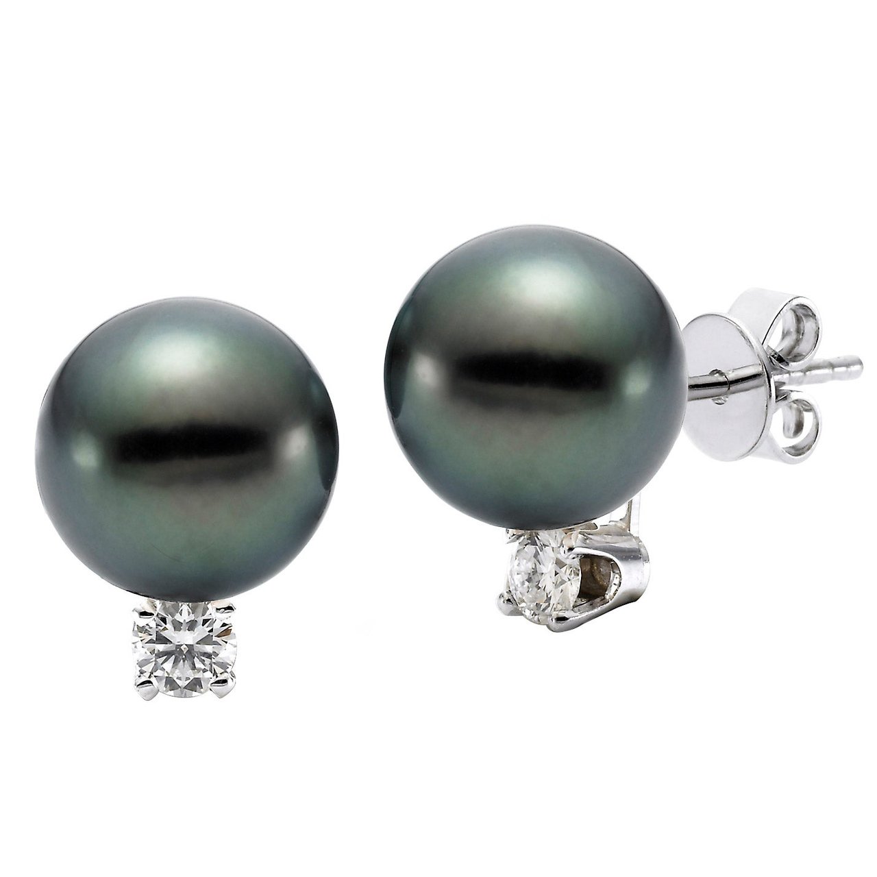 14kt White Gold 0.20 ctw 8-9mm Diamond & Tahitian Cultured Pearl Stud Earrings - Image 1