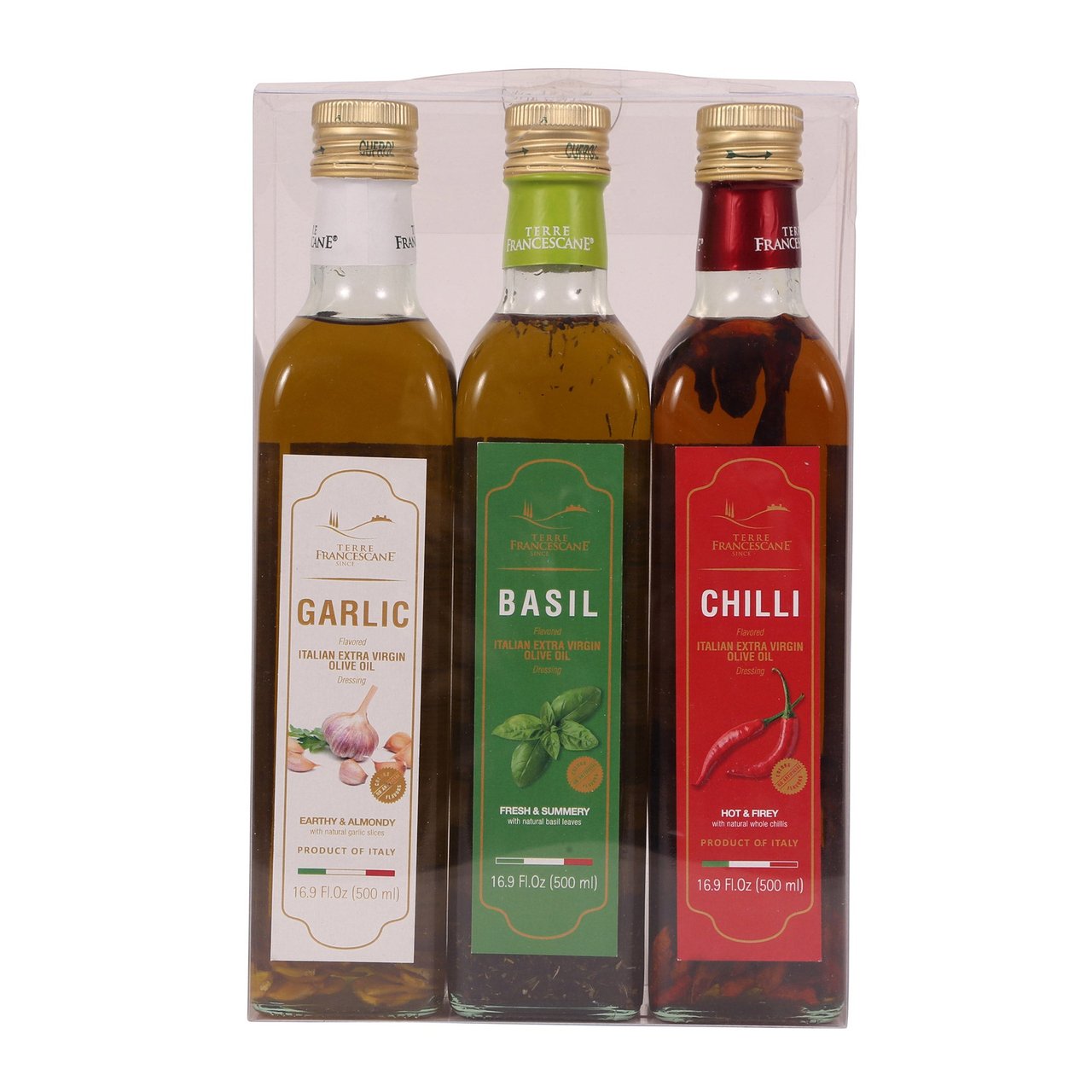 Terre Francescane Italian Flavored Extra Virgin Olive Oil Variety Pack, 3 x 16.9 oz - Image 1