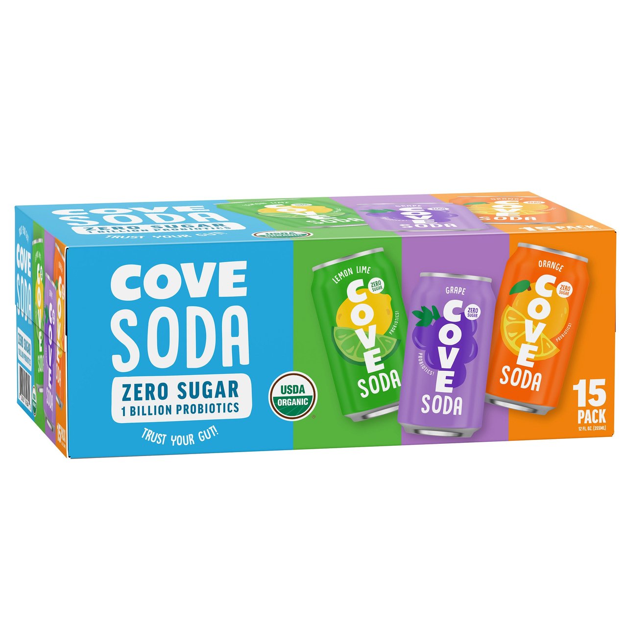 Organic Cove Soda Probiotic Variety Pack Grape/Orange/Lemon Lime 15-Pack 12 oz - Image 1
