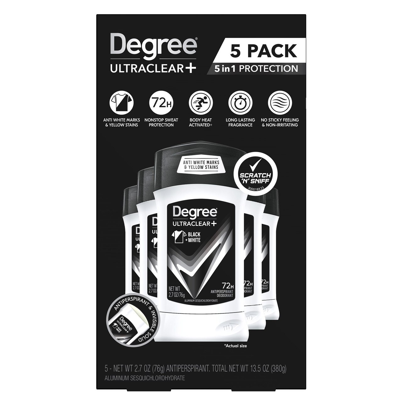 Degree UltraClear+ Antiperspirant Deodorant Black & White 5-Pack, 2.7 oz Each - Image 1