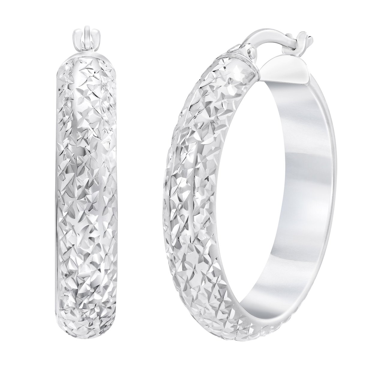 14kt White Gold Diamond Cut Hoop Earrings - Image 1