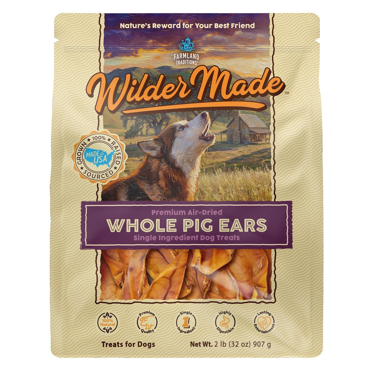 Farmland Traditions Wilder Made Whole Pig Ears Dog Treats, 2 lbs - Image 1