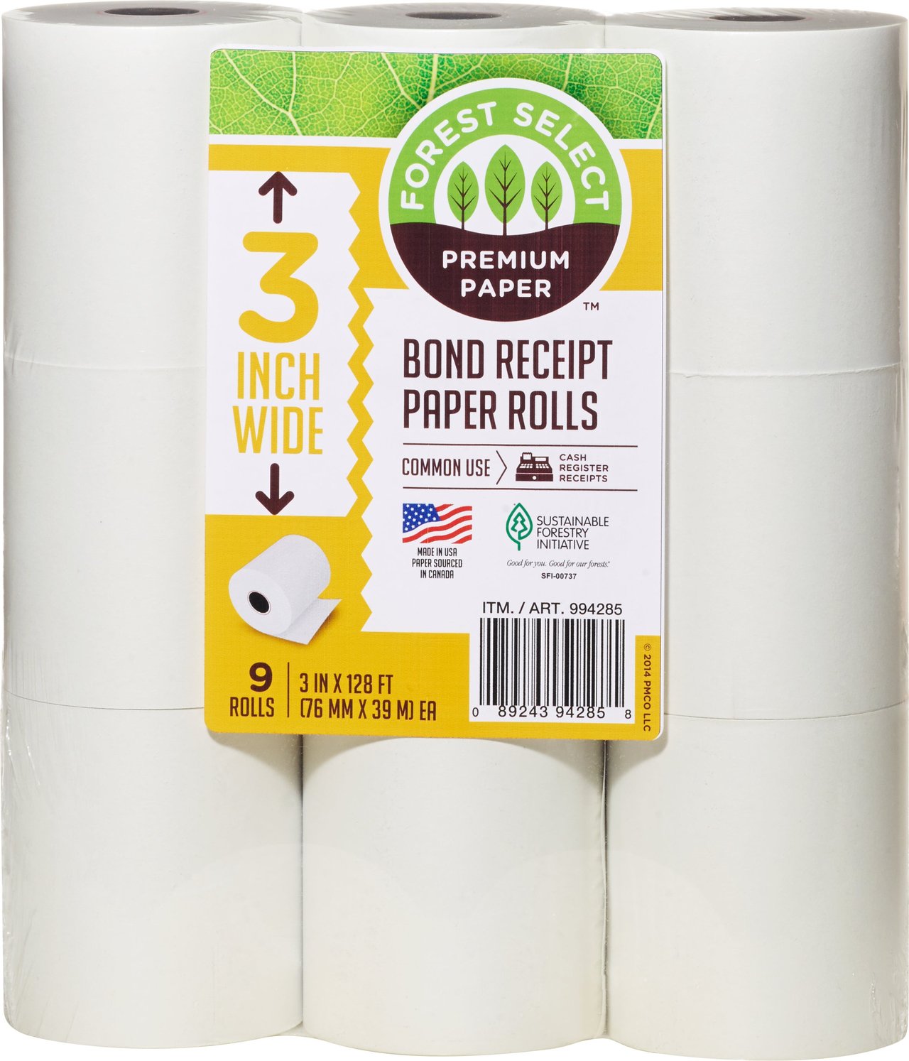 Forest Select Bond Receipt Paper Rolls, 3" x 128', 9 Count