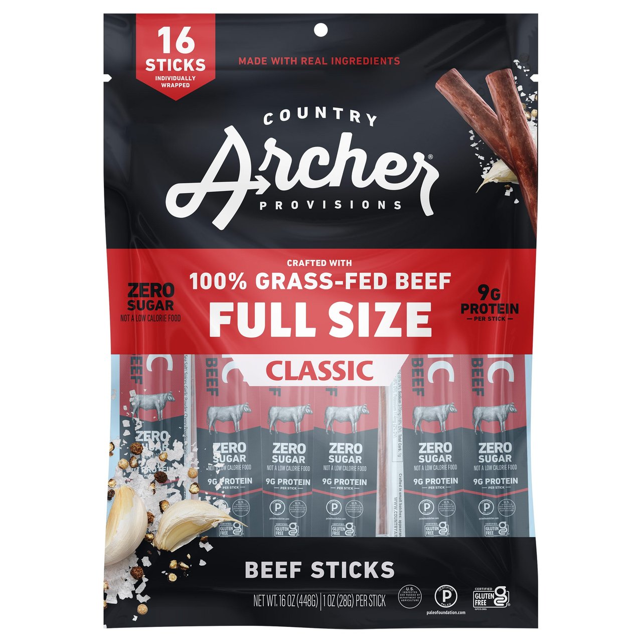 Country Archer Grass Fed Beef Sticks 16 Ounce Bag - Image 1