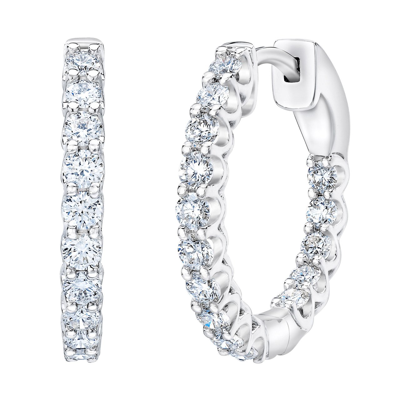 14KT White Gold VS2 I 1.00 CTW Round Diamond In/Out Hoop Earrings - Image 1