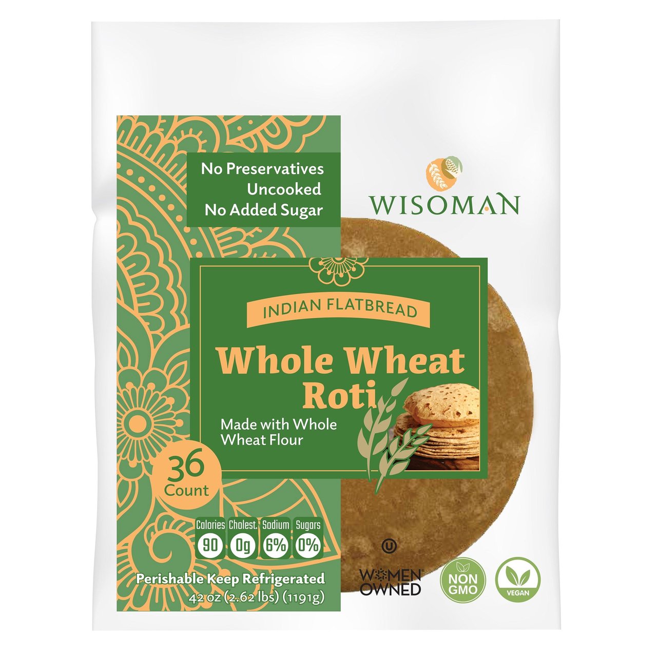 Wisoman Foods Uncooked Whole Wheat Roti, 36 Count, 42 Ounces - Image 1