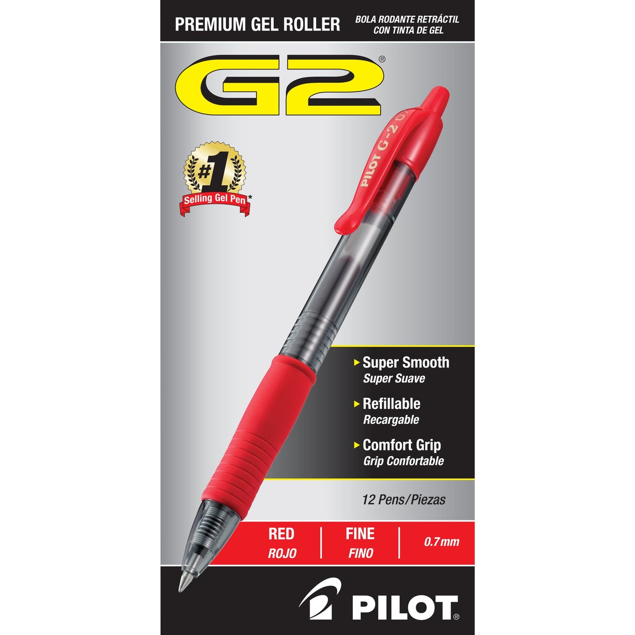 Pilot G2 Premium Retractable Gel Pen, Fine Point 0.7mm, Red Ink, 12-Pack - Image 1