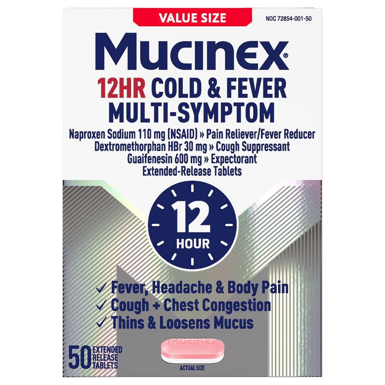 Mucinex Fast-Max Cold & Flu 12-Hour Multi-Symptom Relief, 50 Count