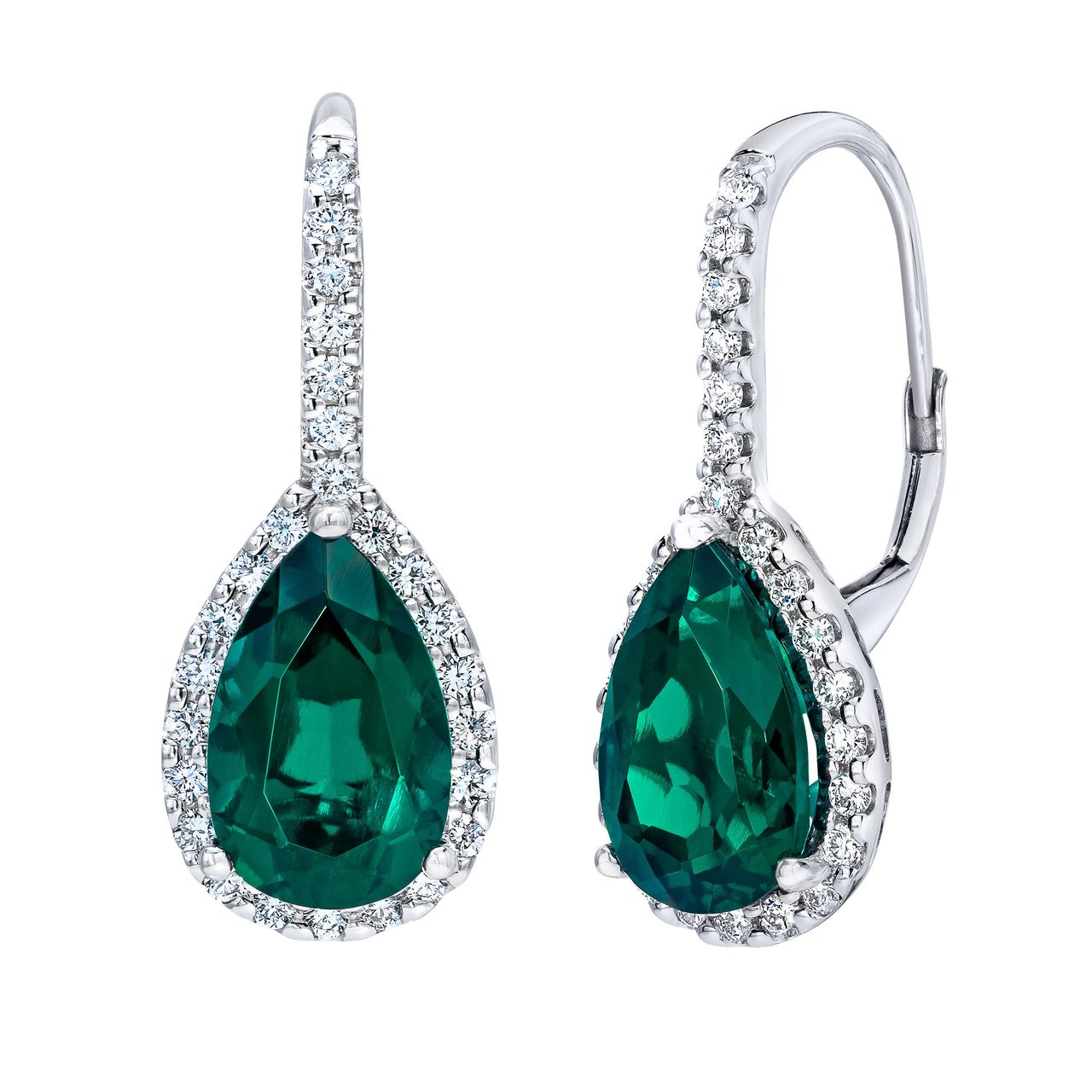 14kt White Gold 0.50 ctw VS2 I Diamond & Pear Lab Created Emerald Earrings - Image 1