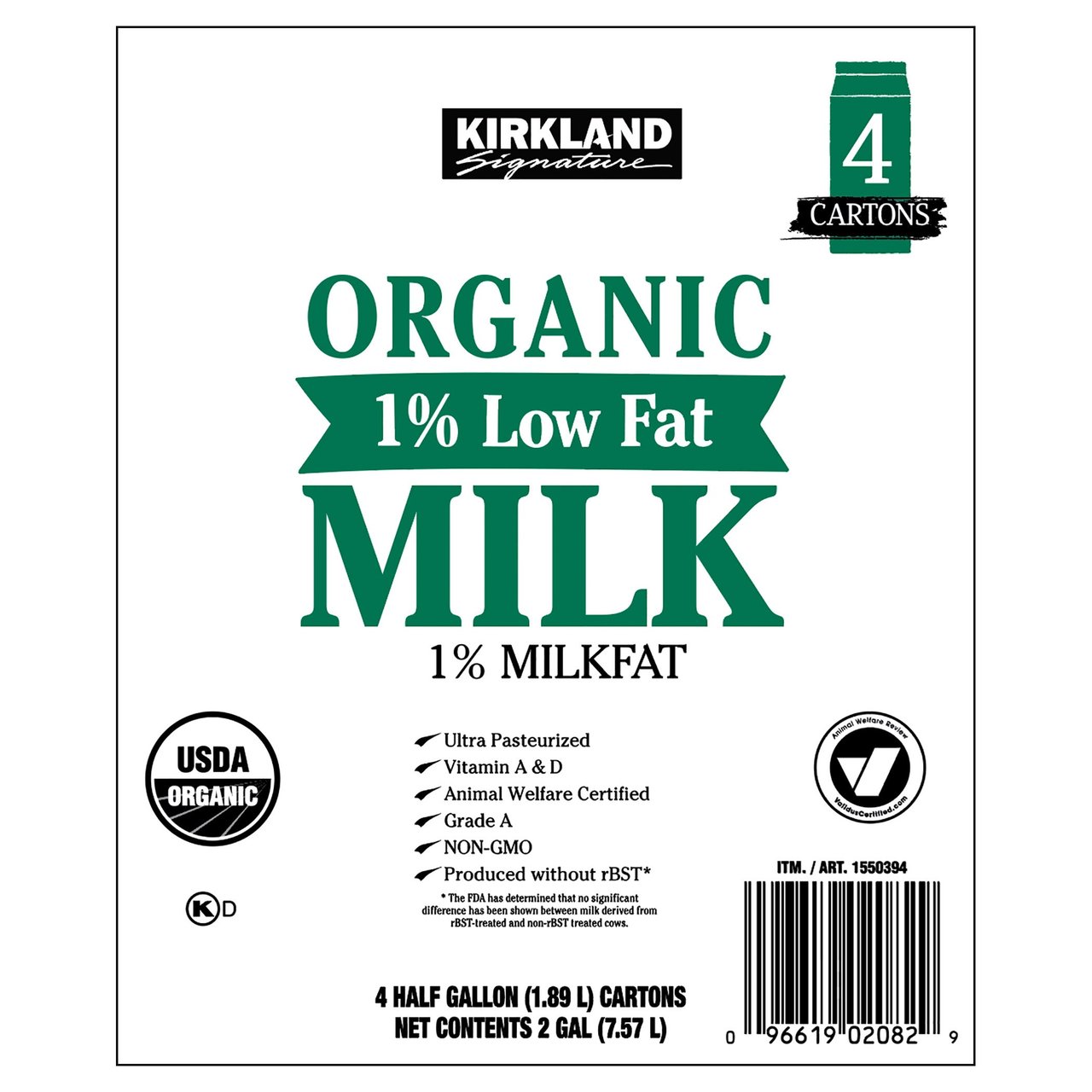Kirkland Signature Organic 1% Milk 4/64oz - Image 1