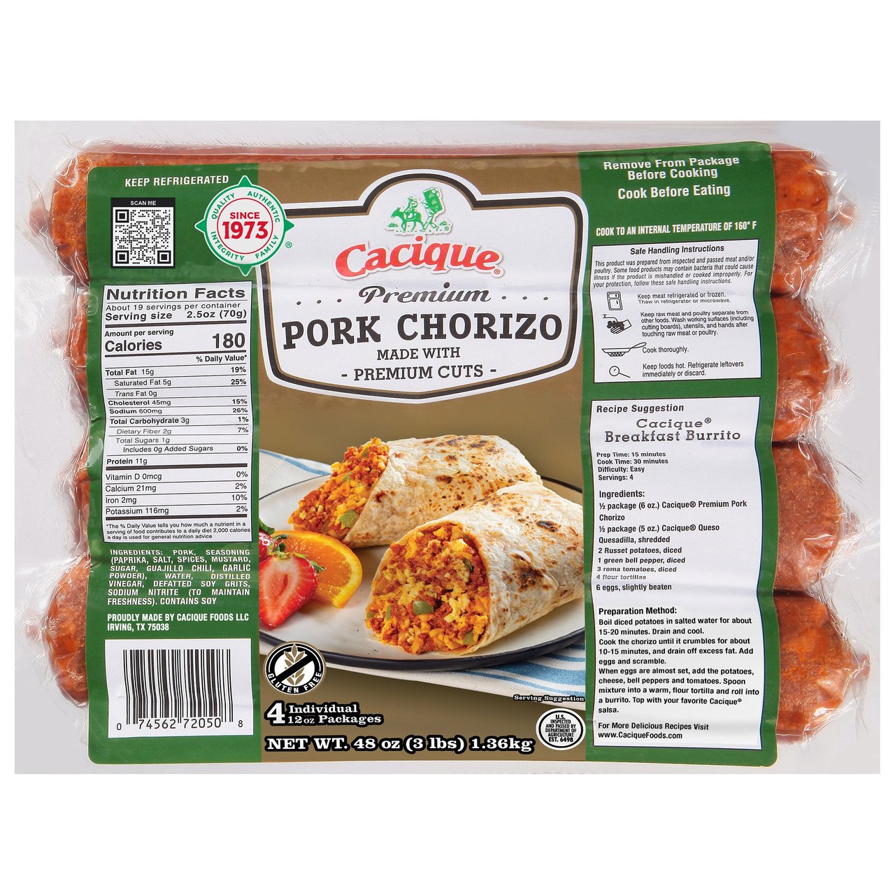 Cacique Premium Pork Chorizo 4/12 oz - Image 1
