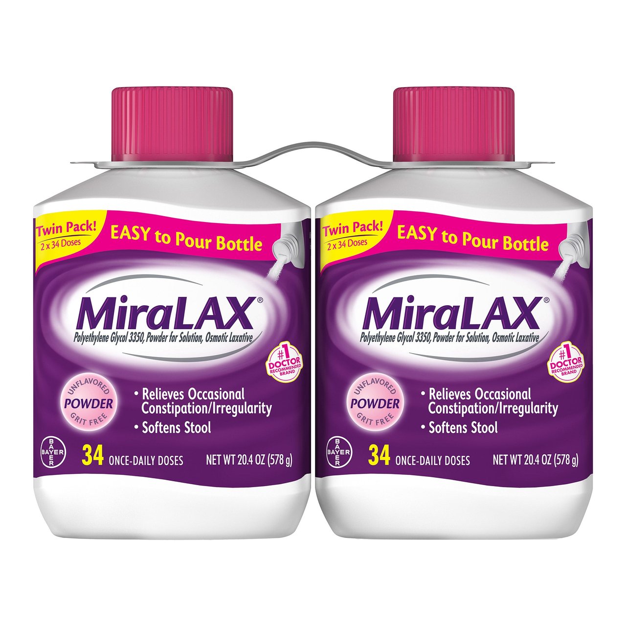 MiraLAX Powder Laxative, 68 Doses, 2x20.4 oz - Image 1