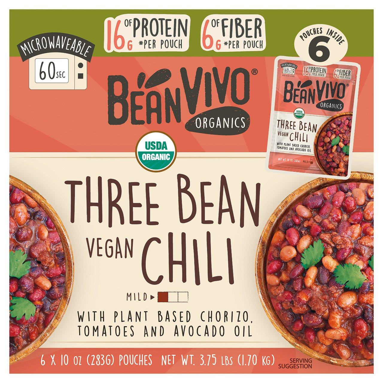 BeanVIVO Organic Three Bean Vegan Chili 6-Pack, 10 oz Pouches - Image 1