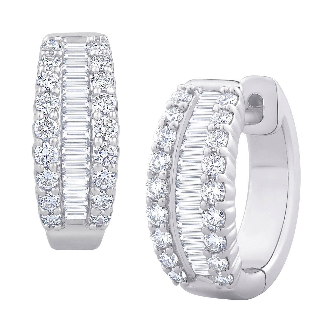 14kt White Gold VS2 I 0.60 ctw Baguette and Round Diamond Hoop Earrings - Image 1