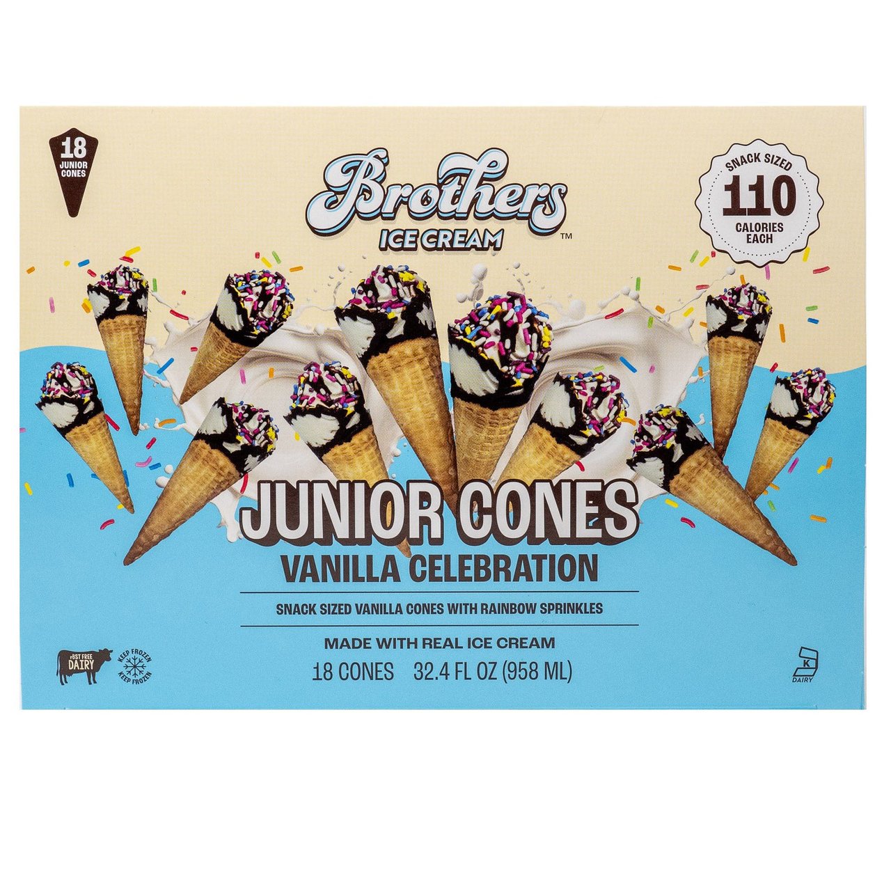 Brothers Ice Cream Junior Cones Vanilla Celebration, 18 CT / 32.4 oz - Image 1