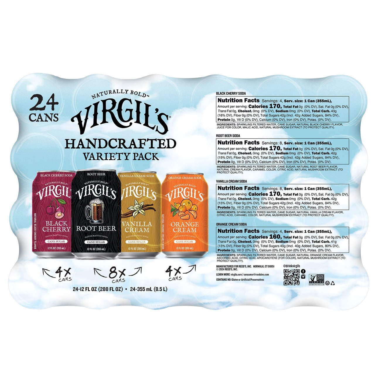 Virgil's Handcrafted Soda Variety Pack, 24 Cans, 12 oz Each