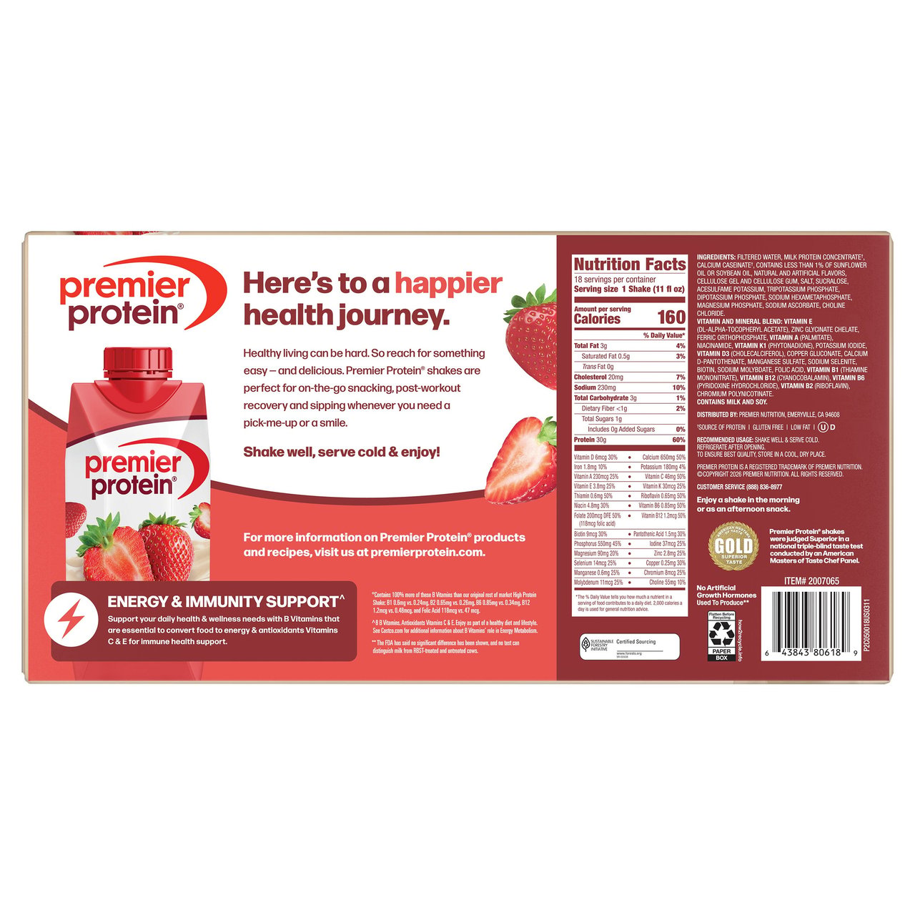 Premier Protein Strawberry Shakes, 18 × 11 fl oz - Image 1
