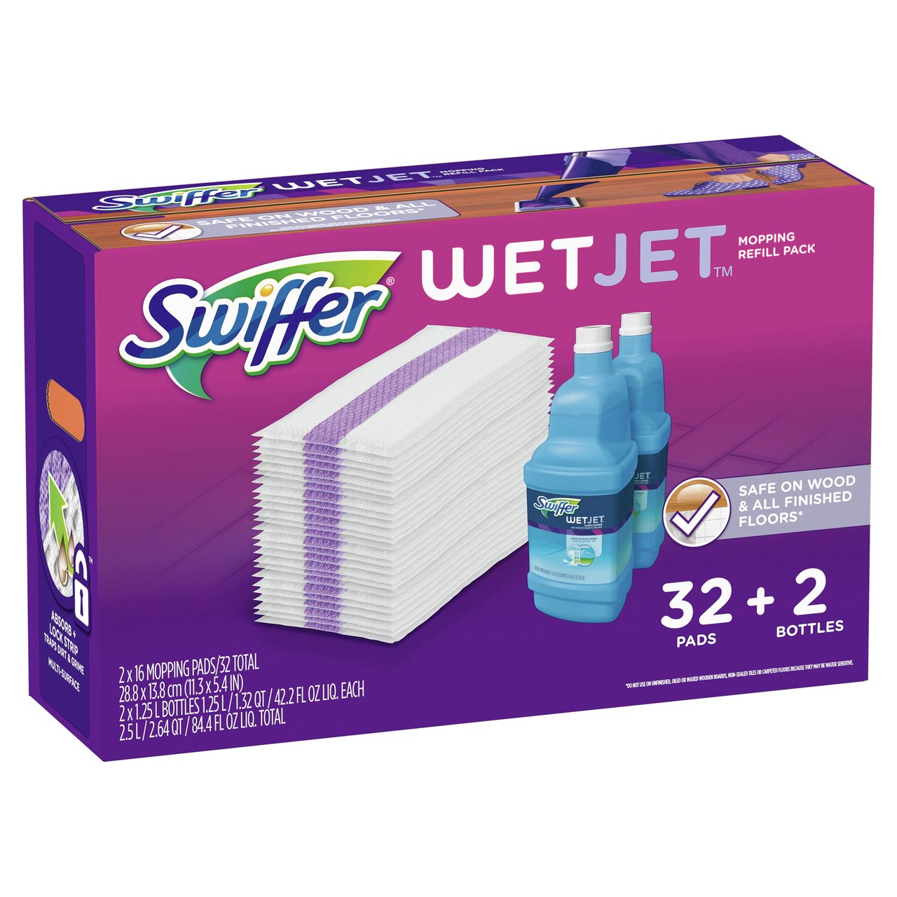 Swiffer WetJet Mopping Refill Kit, 32 Pads + 2 x 42.2 fl oz Floor Cleaner Solution Bottles - Image 1