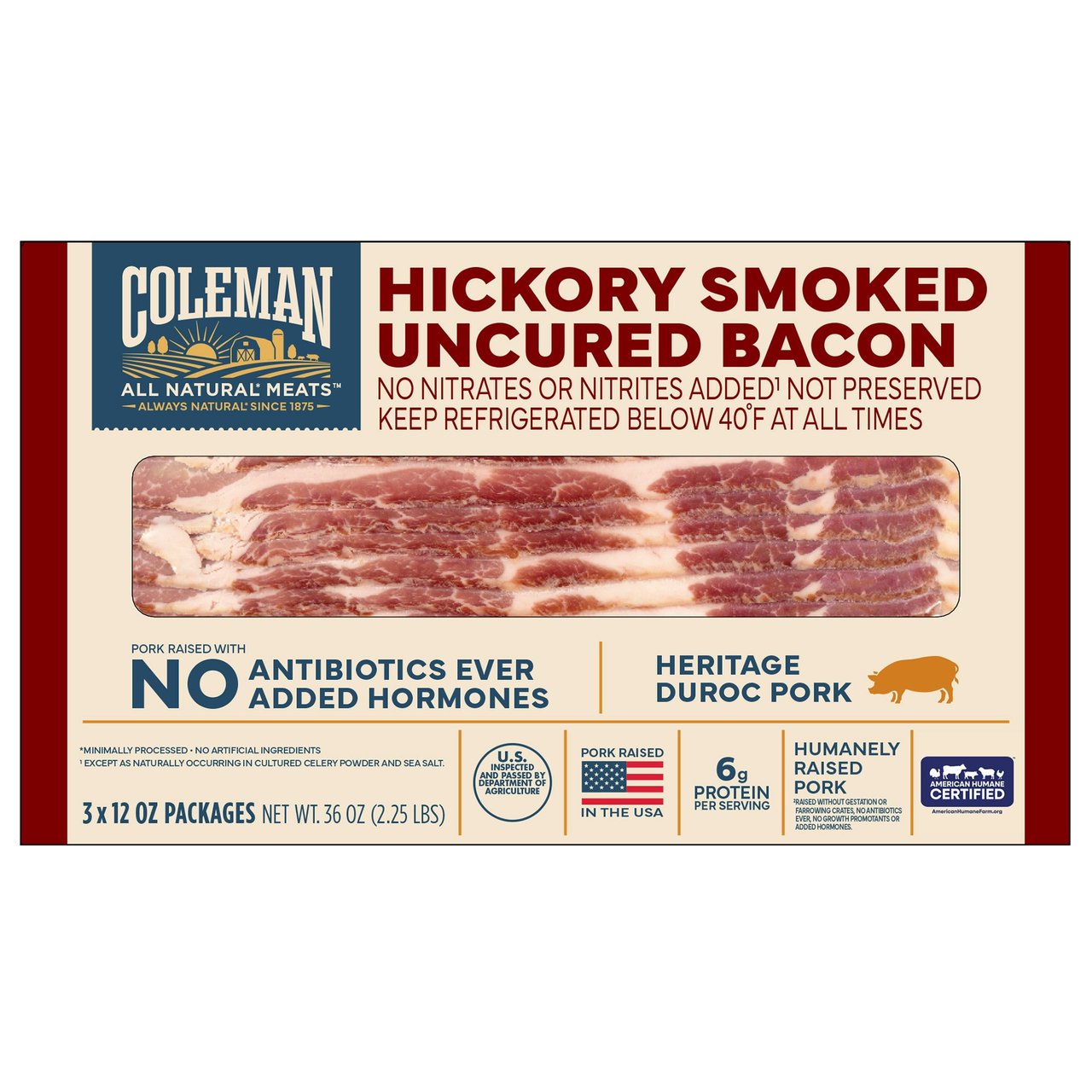 Coleman Natural Uncured Smoked Bacon 3/12 Ounce Packages - Image 1